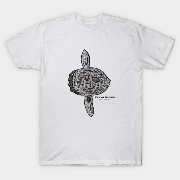 Ocean Sunfish or Mola with Common and Latin Names - on light colors T-Shirt by Green Paladin